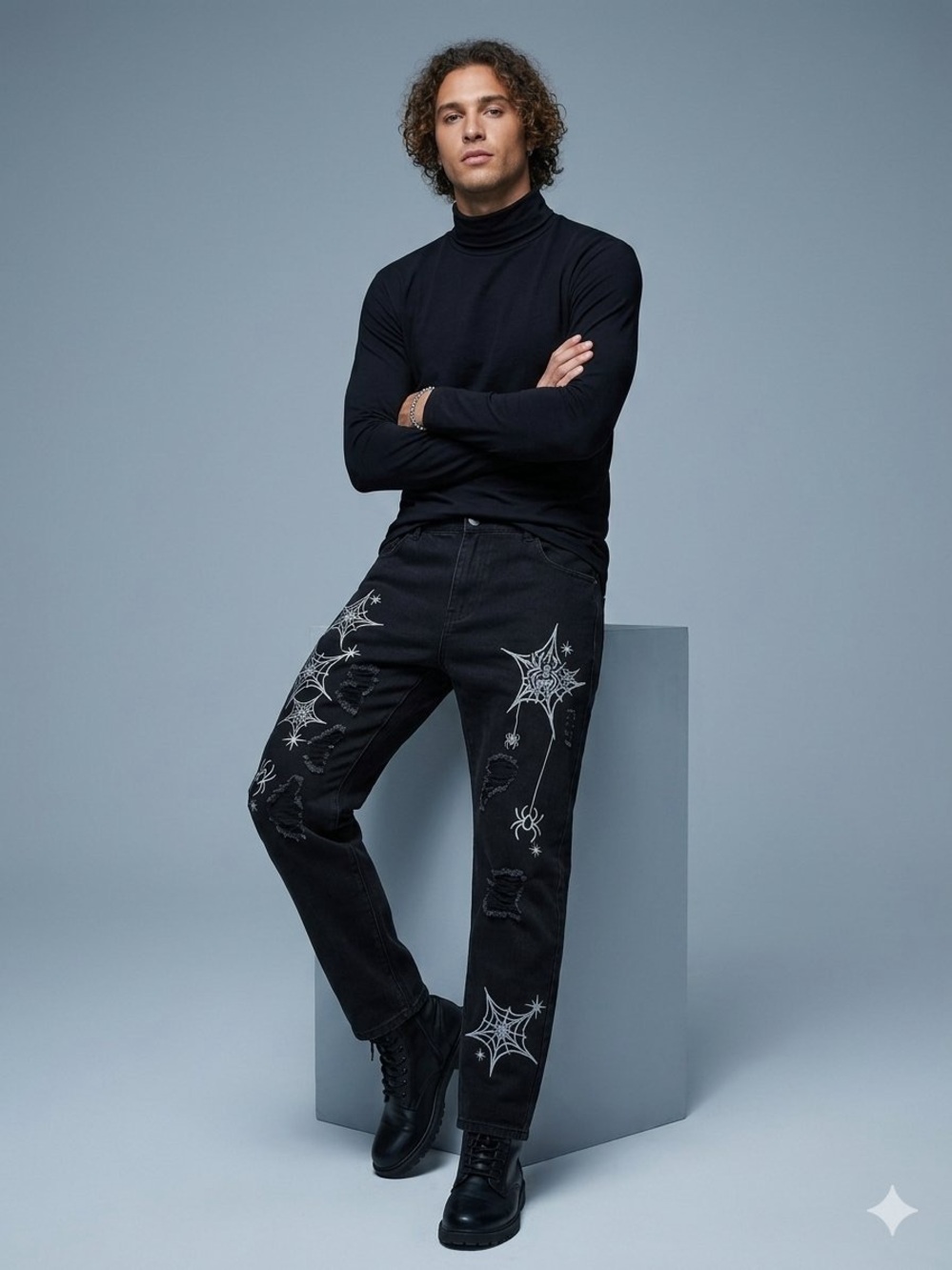 Men's Black Relaxed Jeans with Spiderweb Embroidery